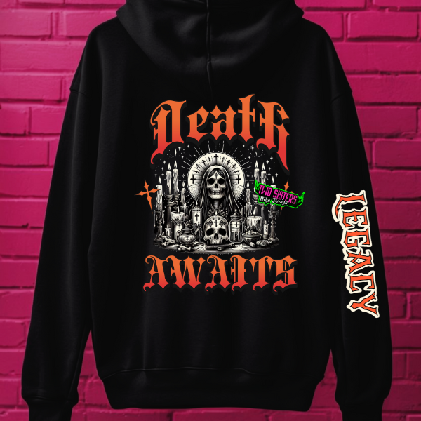 Death Awaits Oversize Back Hoodie + Sleeve Design