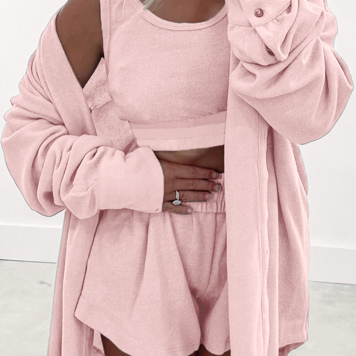 Light Pink 3 Pcs Crop Tank Top Shorts with Cardigan Lounge Set