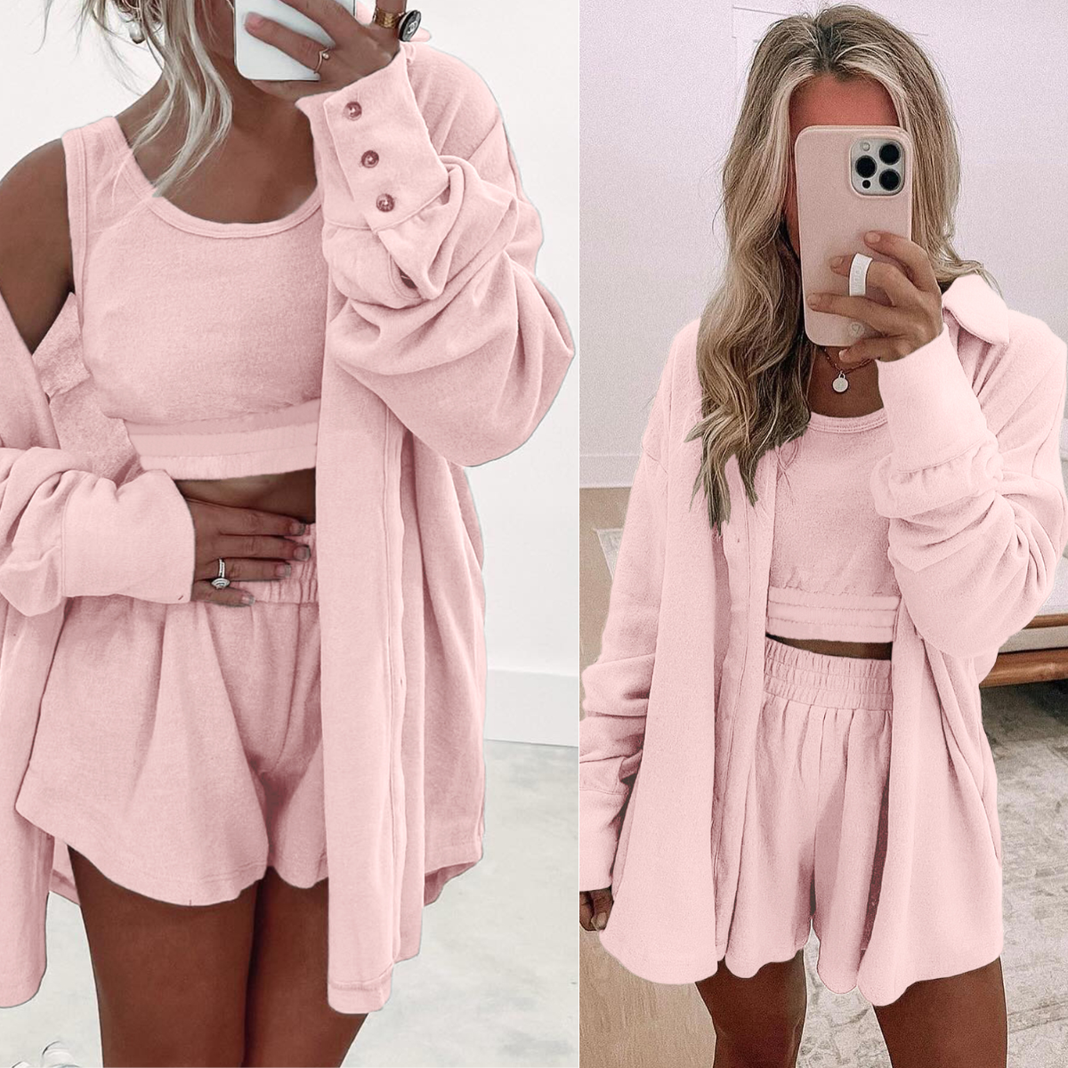 Light Pink 3 Pcs Crop Tank Top Shorts with Cardigan Lounge Set