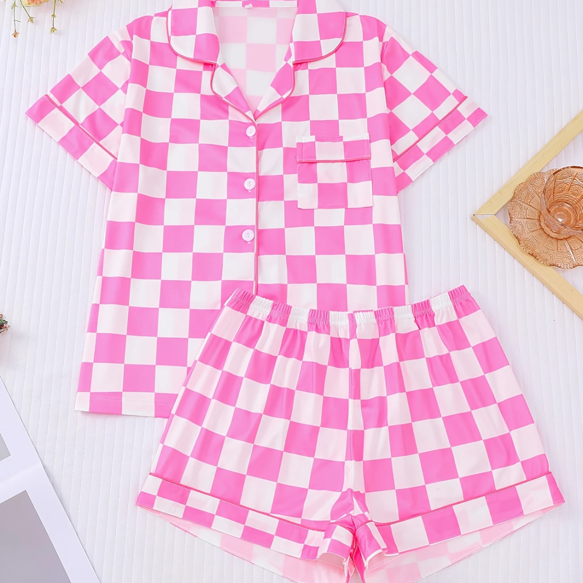 2pcs Pink and White Checkered Women's Sleepwear Set - Short Sleeve Button-Up Top and Loose Shorts, Machine Washable
