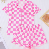 2pcs Pink and White Checkered Women's Sleepwear Set - Short Sleeve Button-Up Top and Loose Shorts, Machine Washable