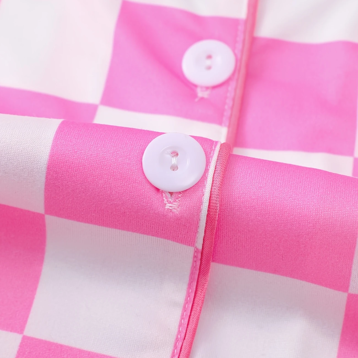 2pcs Pink and White Checkered Women's Sleepwear Set - Short Sleeve Button-Up Top and Loose Shorts, Machine Washable