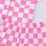 2pcs Pink and White Checkered Women's Sleepwear Set - Short Sleeve Button-Up Top and Loose Shorts, Machine Washable