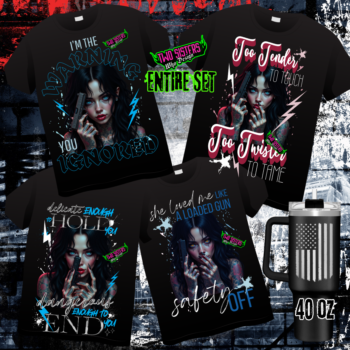 LIMITED EDITION: Pew Pew Bundle of 4 Graphic TShirts or Racerback Tank Top + 40 oz Stainless Steel Tumbler