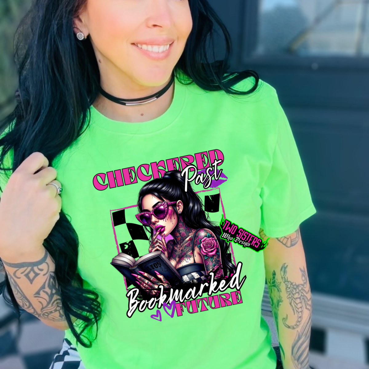 Checkered Past, Bookmarked Future -  Neon Comfort Colors Tee