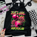 Just A Girl That Will Kick Your Ass - Black Mineral Wash TShirt, Black Rocker Tank, Sweatshirt, Hoodie, or Zip Up Hoodie