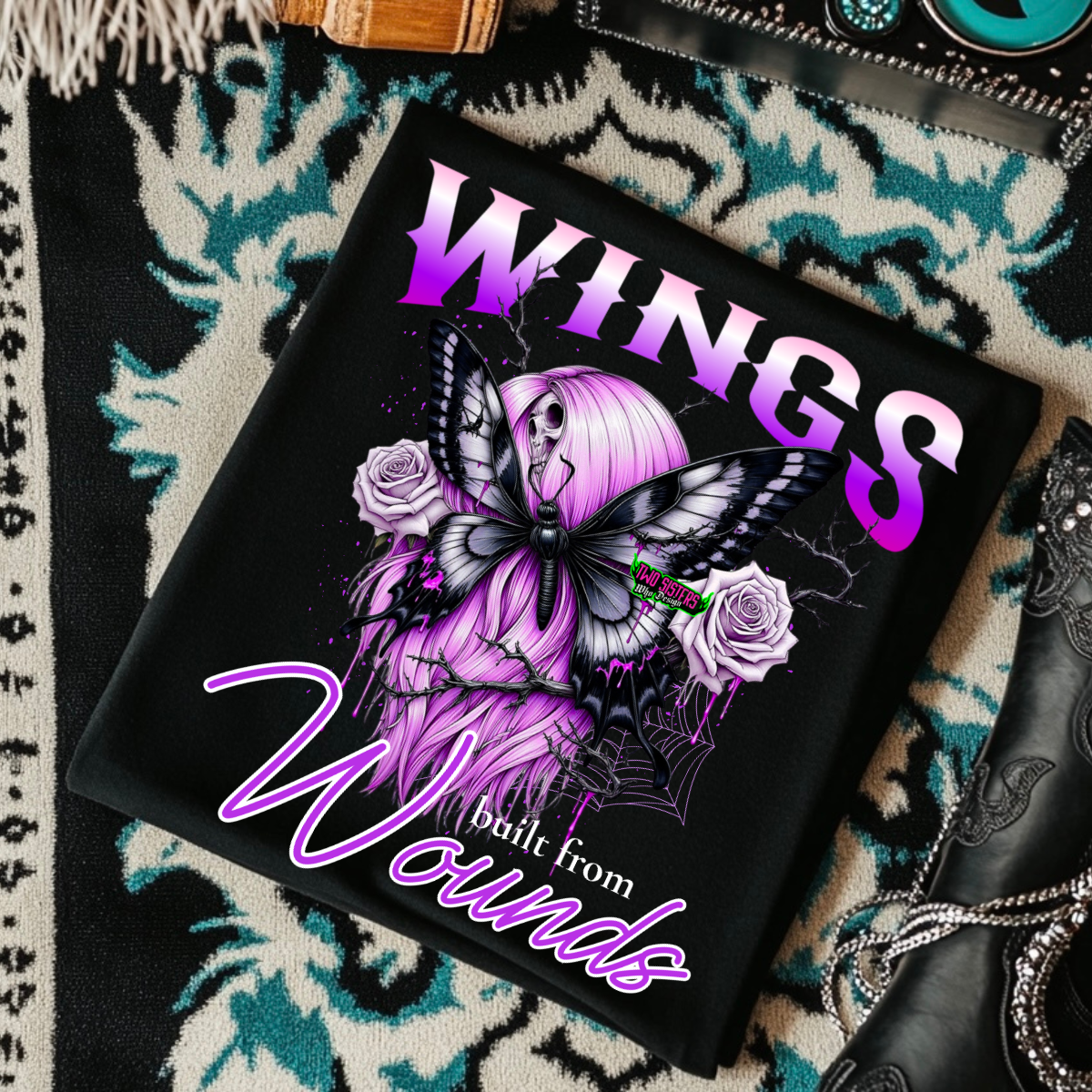 *EXCLUSIVE* Wings Built From Wounds -  Black Mineral Wash TShirt, Black Rocker Tank, Sweatshirt, Hoodie, or Zip Up Hoodie
