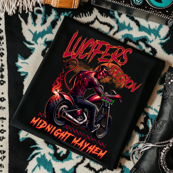 Lucifer's Legion, Midnight Mayhem -  Black Mineral Wash TShirt, Black Rocker Tank, Sweatshirt, Hoodie, or Zip Up Hoodie