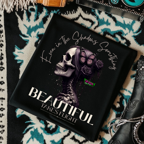 *EXCLUSIVE* Even in the Shadows Something Beautiful Takes Flight -  Black Mineral Wash TShirt, Black Rocker Tank, Sweatshirt, Hoodie, or Zip Up Hoodie