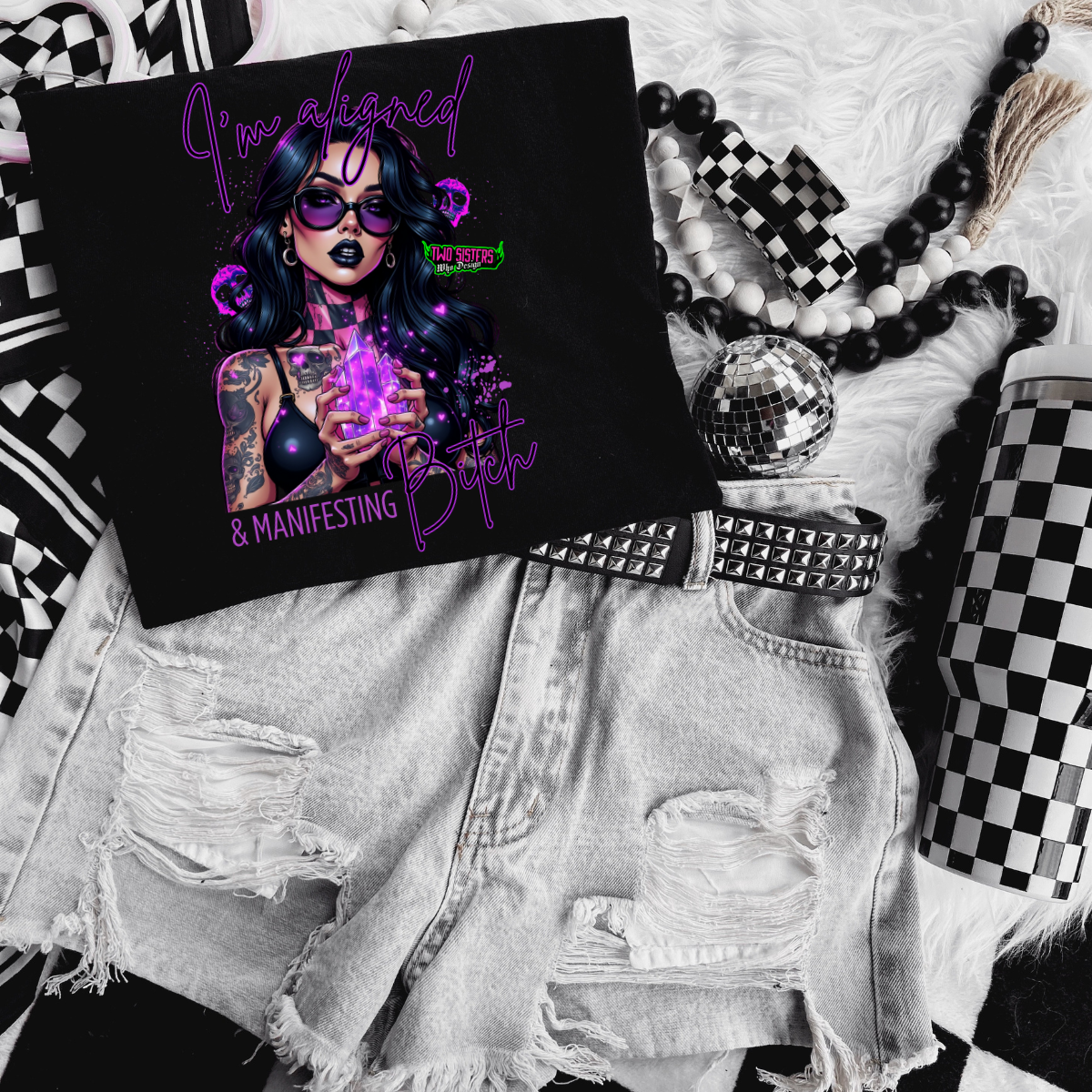 *EXCLUSIVE*I'm Aligned & Manifesting Bitch  - Black Mineral Wash TShirt, Black Rocker Tank, Sweatshirt, Hoodie, or Zip Up Hoodie