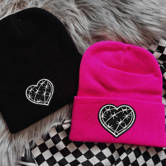 Heart Wrapped In Thorns Black or Neon Pink Beanie