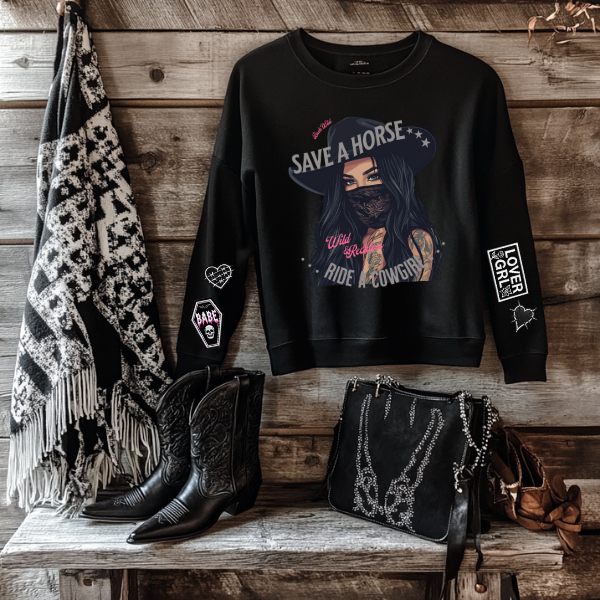 Save A Horse, Ride A Cowgirl, Buck Wild Black Sweatshirt with Faux Patches