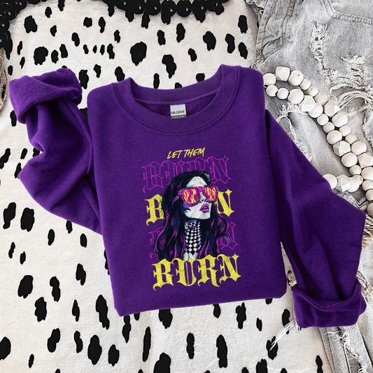 Burn, Burn, Burn Purple Sweatshirt giving 90s Vibes & Punk Style