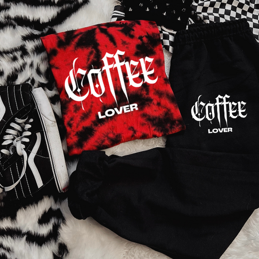 **COMPLETE SET** Coffee Lover Red & Black Tie Dye TShirt & Matching Sweatpant Set