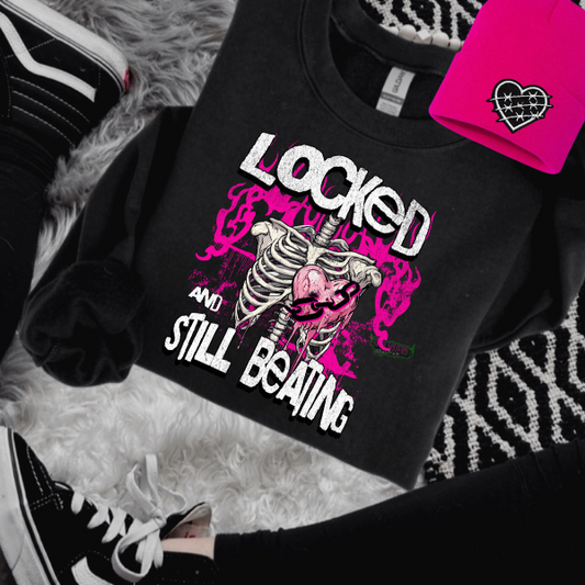 Locked & Still Beating Black T-Shirt, Sweatshirt, or Hoodie + Hot Pink Beanie with Thorned Heart Faux Patch