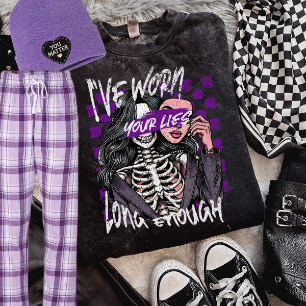 I've Worn Your Lies Long Enough Mineral Wash Sweatshirt, Purple Pajamas + Purple Beanie with You Matter Faux Patch