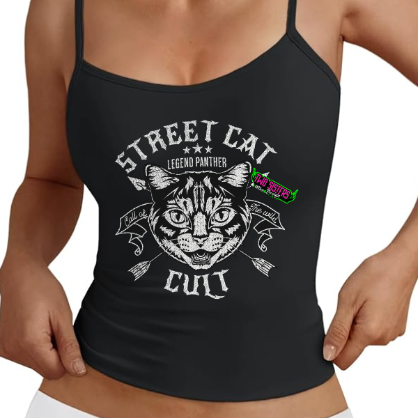 "Street Cat Cult" Spaghetti Strap Tank Top or Rocker Tank Top + Gingham Plaid Shorts - Matching Set - Add Notes For Different Size Top & Bottom