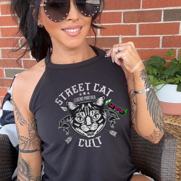 "Street Cat Cult" Spaghetti Strap Tank Top or Rocker Tank Top + Gingham Plaid Shorts - Matching Set - Add Notes For Different Size Top & Bottom