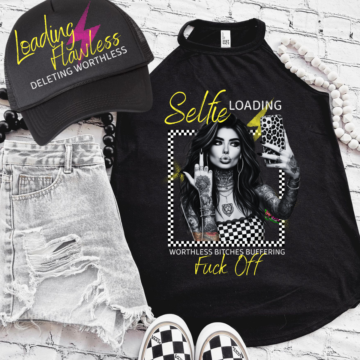 *EXCLUSIVE*Selfie Loading, Worthless Bitches Buffering F*ck Off- Black Mineral Wash TShirt, Black Rocker Tank, Sweatshirt, Hoodie, or Zip Up Hoodie | Trucker Hat