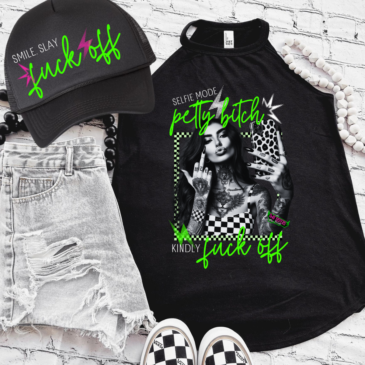 *EXCLUSIVE*Selfie Mode: Petty Bitch, F*ck Off - Black Mineral Wash TShirt, Black Rocker Tank, Sweatshirt, Hoodie, or Zip Up Hoodie | Trucker Hat