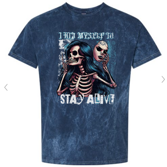 **FULL Sweatpants SET with TShirt** I Hid Myself to Stay Alive Skeleton Images on Midnight Blue Mineral Wash TShirt & Navy Blue Sweatpant