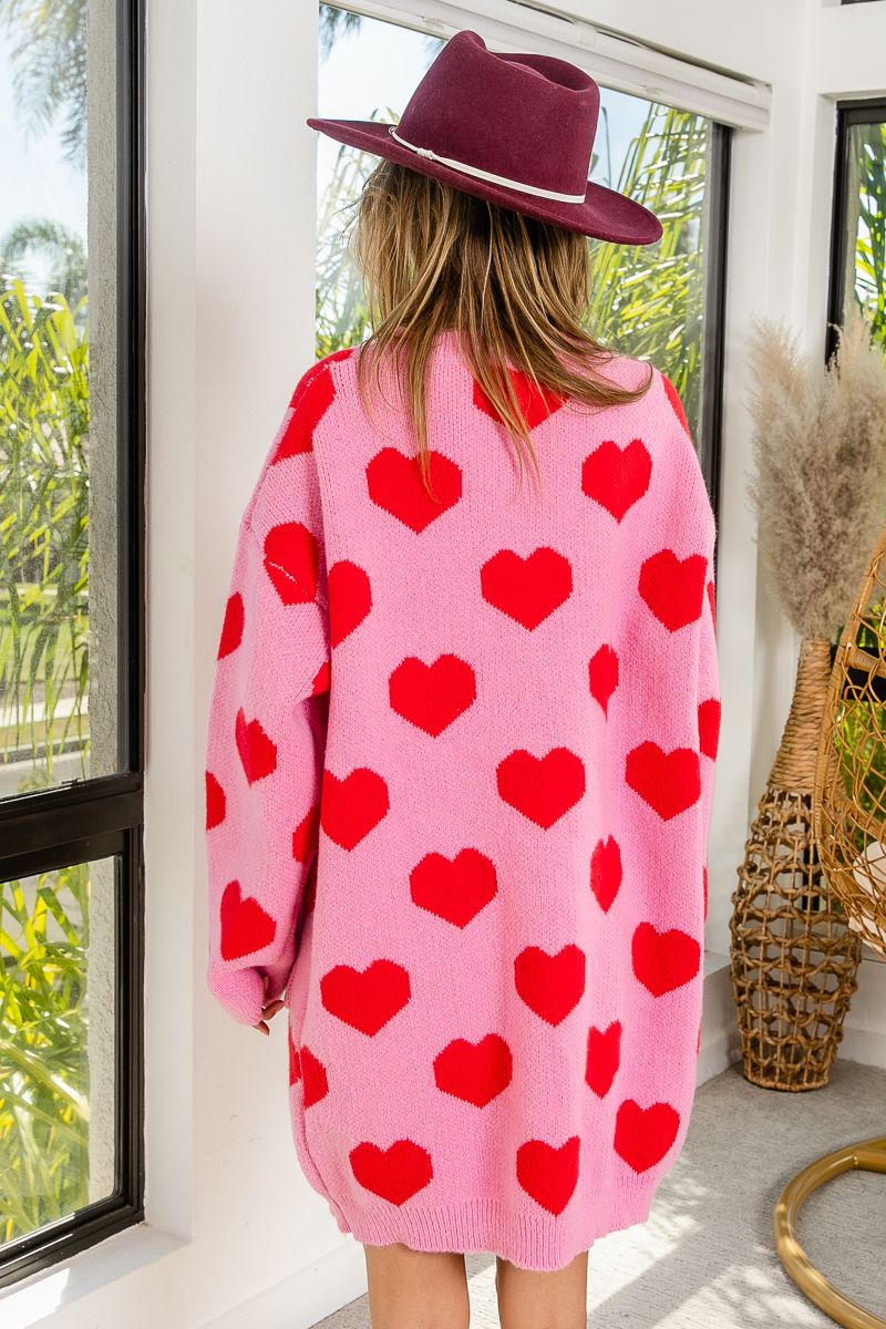 HEART PATTERN LONG KNIT CARDIGAN WITH POCKETS