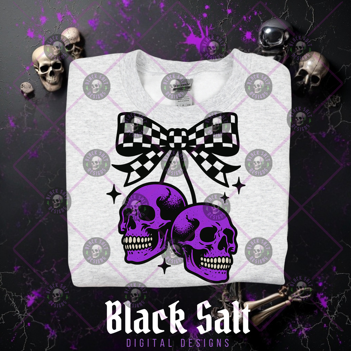 *OVERSIZED PRINT* PURPLE SKULL WITH CHECKERED BOW