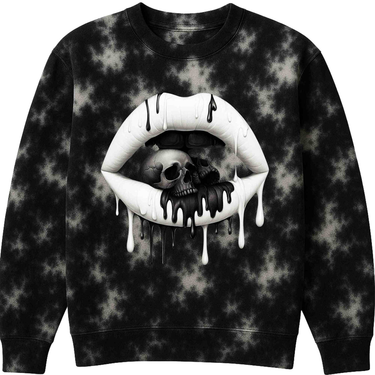 Black & White Tie Dye Lips with Skulls Sweatshirt or Hoodie
