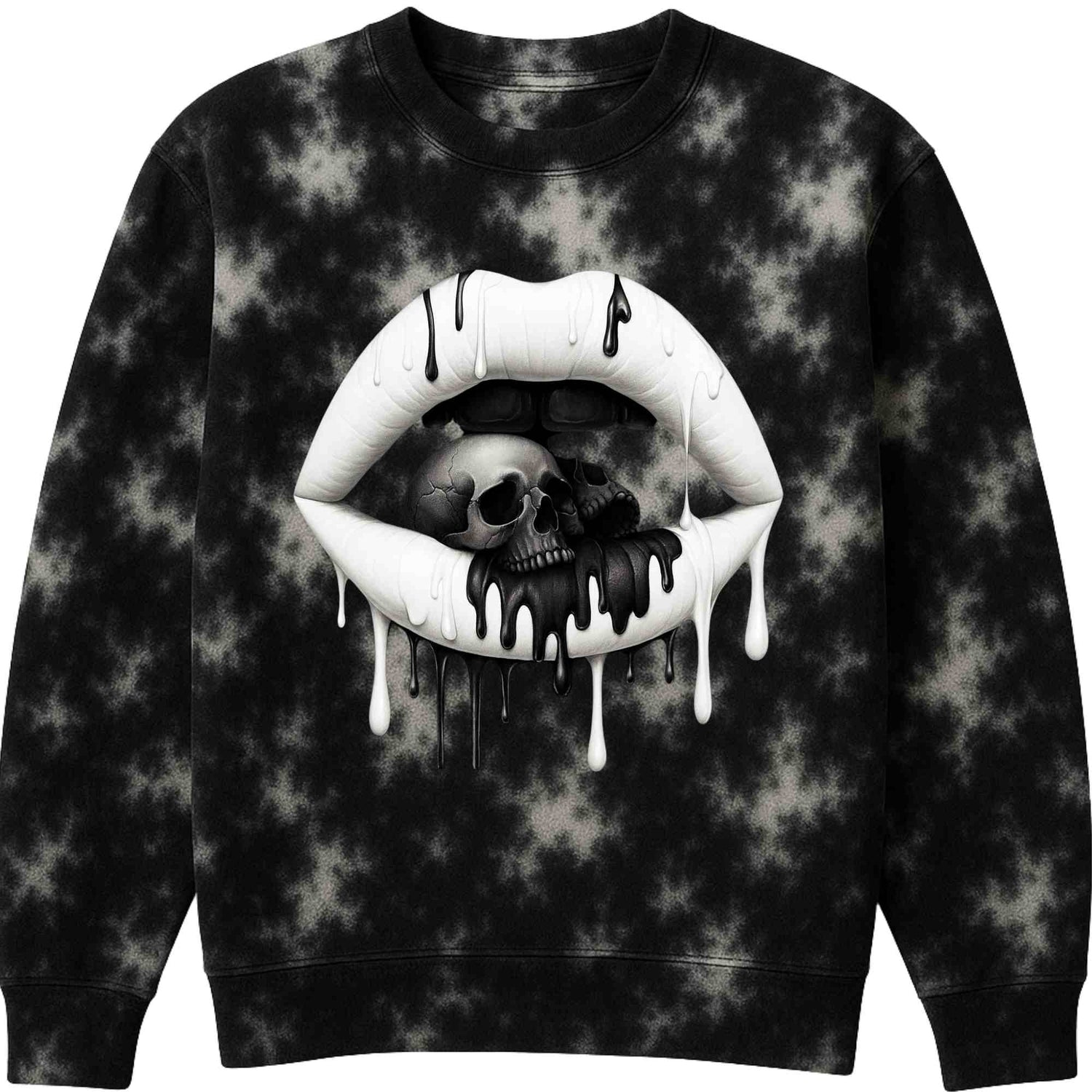 Black & White Tie Dye Lips with Skulls Sweatshirt or Hoodie