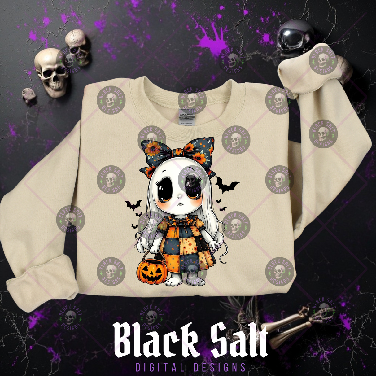 PATCHWORK GHOST WITH BOW AND BASKET BLUE TONES