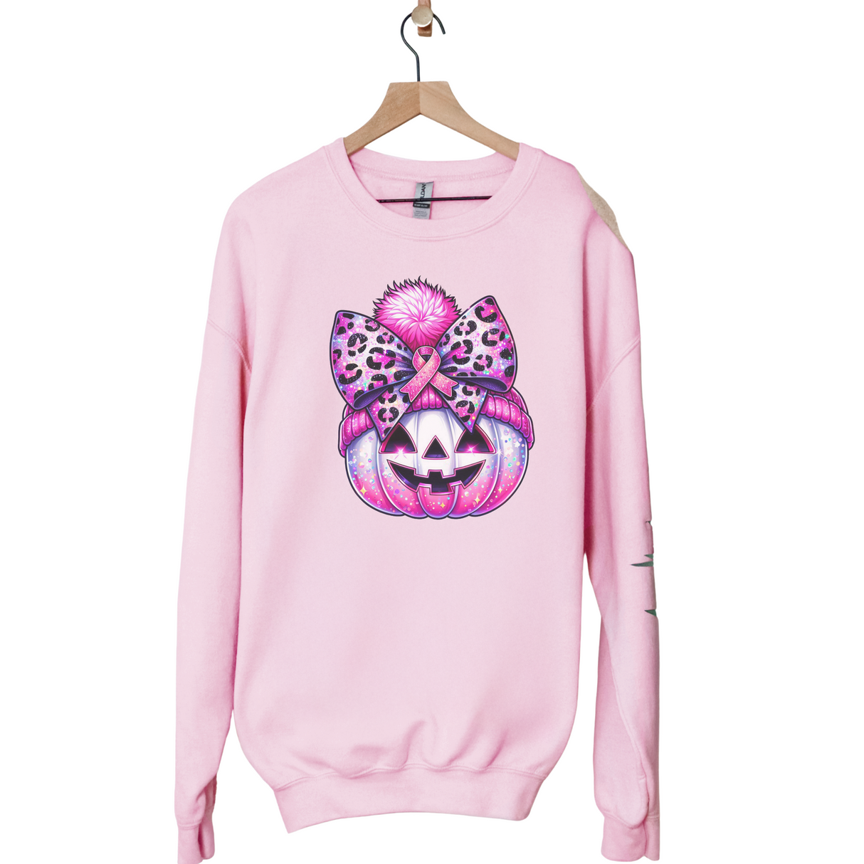 PINK PUMPKIN WEARING A BEANIE WITH LEOPARD BOW CANCER AWARENESS WITH LEOPARD SWEATSHIRT/HOODIE