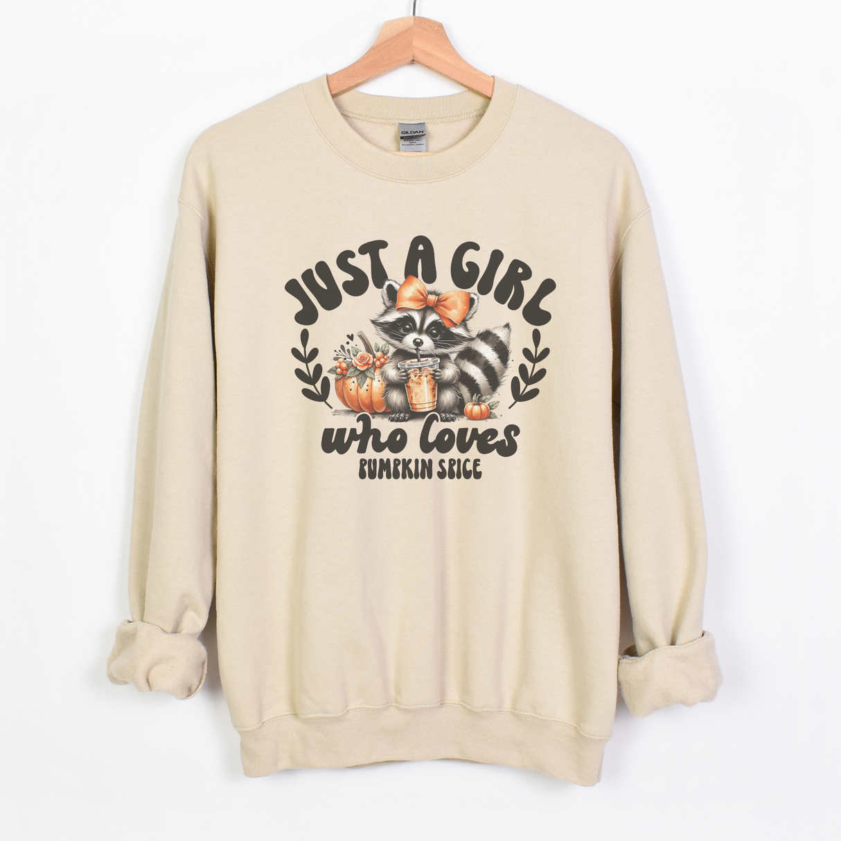 RACCOON JUST A GRIL WHO LOVES FALL  MARBLED TIE DYE OR SAND SWEATSHIRT
